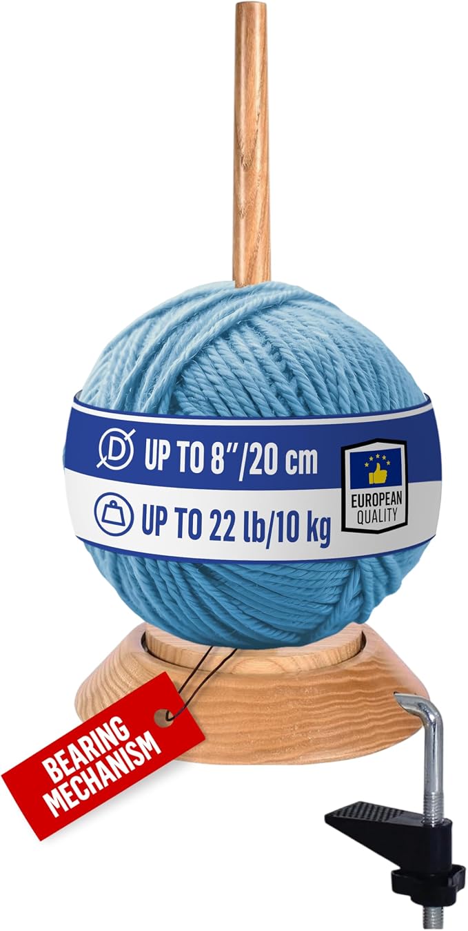 BARVA Yarn Holder 22 Lb Capacity w/Table Clamp for Chunky Yarn | Smooth Bearing Spinner & Big Rubber Anti Slip Pads for Stability | European Wood Crochet Accessories and Pro Tools for Fiber Crafts by BarvA