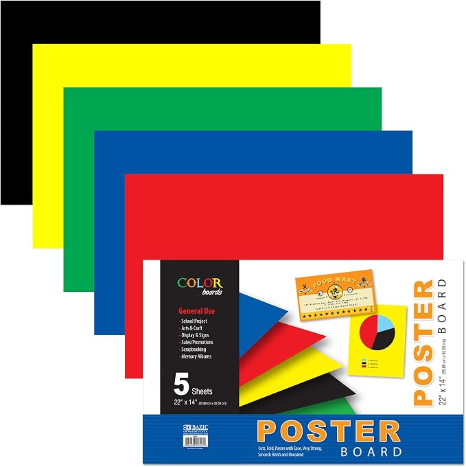 BAZIC Products Assorted Color Poster Board, 22 x 14 in, 5 Ct, 48-Case | Smooth matte acid-free surface for school projects and crafts, Pack of 5 assorted color poster board sheets, Bulk pack by BAZICProducts