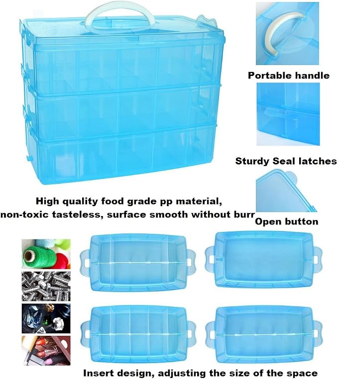 Kamay's 2pcs Extra Large 3 Tier Stackable Adjustable Compartment Slot Bead Craft Jewellery Tool Storage Organiser, with 30 Compartments,Snap-Lock Tray Container Box, Orange - Image 4