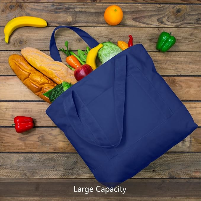 TOPDesign 30-Pack Canvas Tote Bags with an External Pocket, Reusable Grocery Shopping Bags, Top Zipper Closure, Daily Essentials (Blue) - Image 4