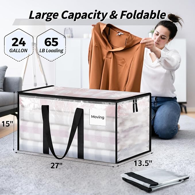 16 Pack Extra Large Clothes Storage Bins with Lids, Moving Bags, Clear | Storage Bags with Reinforced Handles & Heavy-Duty Zippers, Moving Boxes Totes for Clothes Packing, Dorms, College Supplies - Image 2