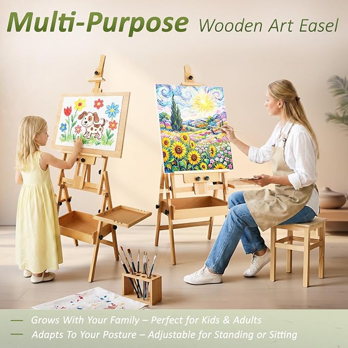 Multi-Function Beech Wood Art Easel for Painting, Flat Desk Easel Stand | Foldable & Adjustable Paint Easel Standing, H-frame Wooden Painting Easel Stand with Storage Box for Adults Artist Studio - Image 7