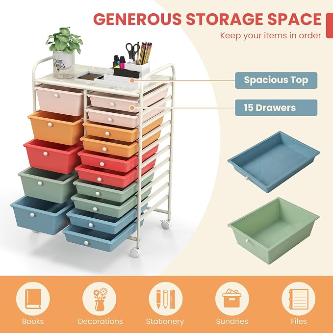 Moccha 15-Drawer Rolling Storage Cart - Under Desk Storage Drawers with wheels for Craft Art Supply Paper Salon, Scrapbook Paper Tools, Mobile Utility Cart for Classroom (15 Drawers, Macaron) - Image 4