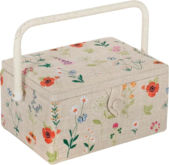 Hobby Gift Medium Sewing Box Organiser | Fabric Covered Storage Box, Handle, Internal Tray, Pin Cushion and Pocket, For Sewing, Quilting and Knitting Supplies by HobbyGift