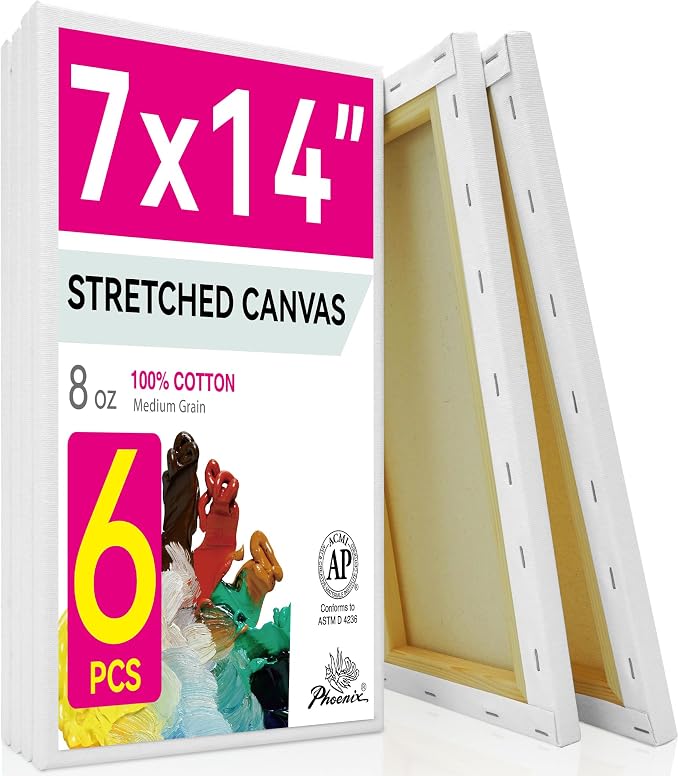 PHOENIX Long Stretched Canvas for Painting 7x14 Inch/6 Value Pack, 8 Oz Triple Primed, 5/8 Inch Profile, 100% Cotton White Blank Canvas, Rectangular Framed Canvas for Oil Acrylic & Pouring Art by PHOENIX