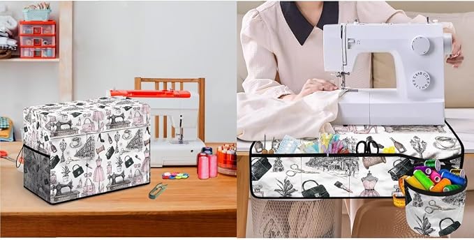 Retro Sewing Elements Sewing Machine Protective Cover and Table Mat with Small Cylinder and Pocket Durable Waterproof Sewing Supplies For Fits Standard Singer, Brother and Janome Machines - Image 5