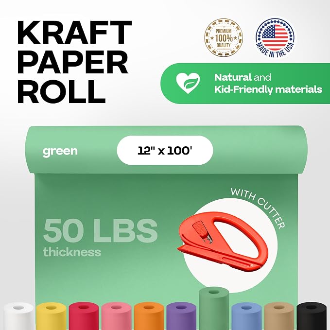 Green Kraft Paper Roll 12" x 1200" (100 feet) with Cutter - USA-Made Wrapping Paper for Packing, Moving, Shipping & Crafts/Arts - 100% Recyclable Natural Craft Material by IDL Packaging | Wrapping Paper for Packing, Moving, Shipping & Crafts/Arts - 100... - Image 2