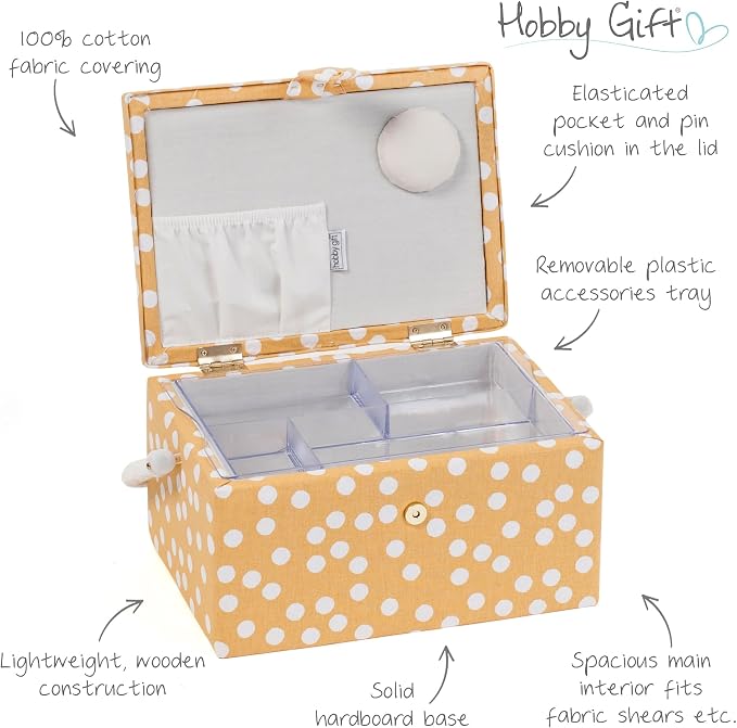 Hobby Gift Medium Sewing Box Organiser | Fabric Covered Storage Box, Handle, Internal Tray, Pin Cushion and Pocket, For Sewing, Quilting and Knitting Supplies - Image 3