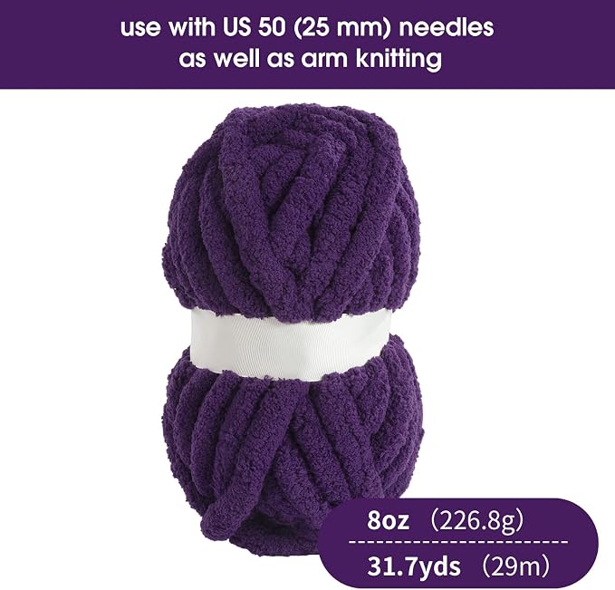 Hombys Dark Purple Chunky Chenille Yarn for Crocheting & Knitting, Super Bulky Yarn for Blankets, Soft Plush, 2 Jumbo Packs (27 yds, 8 oz Each) - Image 2