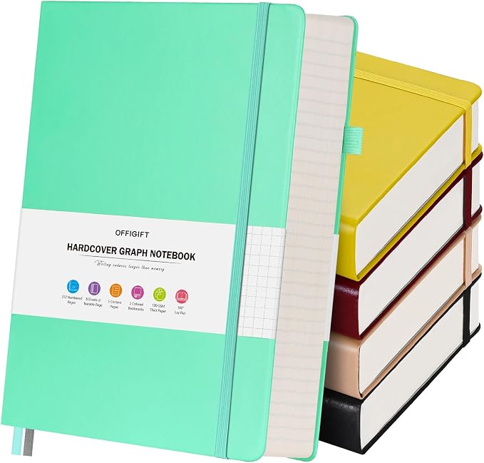 5 Pack Graph Paper Notebook Bulk, A5, 312 Numbered Pages Grid Journal Set | Cost-Effective 5 Pack 1600 Pages, 100gsm No Bleed Paper, Leather Hardcover, Lay-Flat, for Math, Engineering, Technical Notes by OFFIGIFT