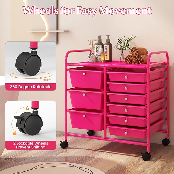 9 Drawer Rolling Storage Cart, Rolling Cart with Drawers for Classroom, Art Supply Craft Organizer on Wheel with Metal Frame & Handles for Home Office School - Image 5