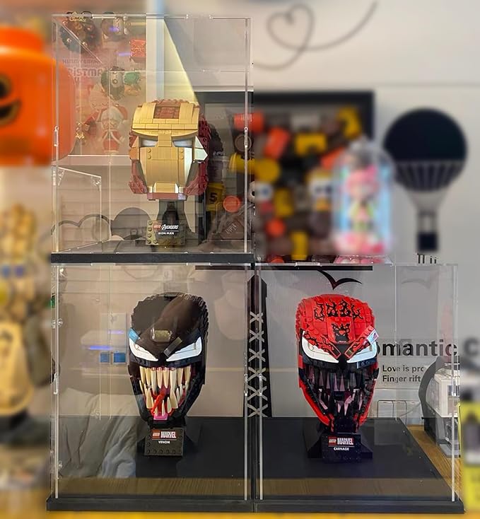 Thickened Clear Acrylic Display Case for Lego 75379 R2-D2 (Mini) 43217 75304 75349 75350 Collectibles, Transparent Box Protection with Wood-Plastic Base & String Light, Black Inside 7.9x7.9x11.8inch