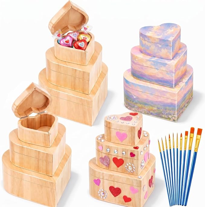 12 Pcs Unfinished Heart Box Wooden Treasure Chest with Art Brushes Wood Heart Shaped Natural Pine Box with Hinged Lid for for Back to School Classroom Art Projects Teachers Students Kids by Taiyin