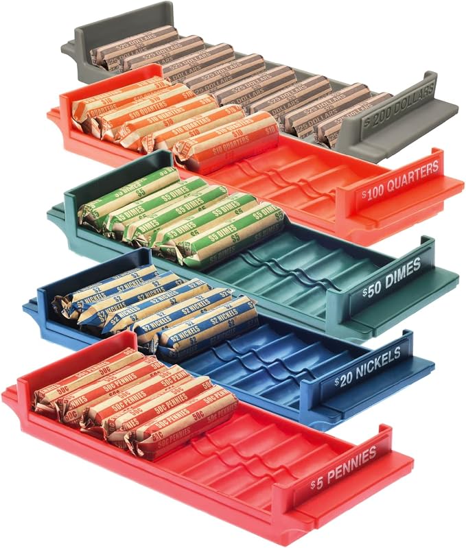 Nadex Rolled Coin Storage Organizer 5 Tray Set with Ridges for Loose Coins | Dollar, Quarters, Dimes, Nickles, and Penny Color Coded Trays by Nadex