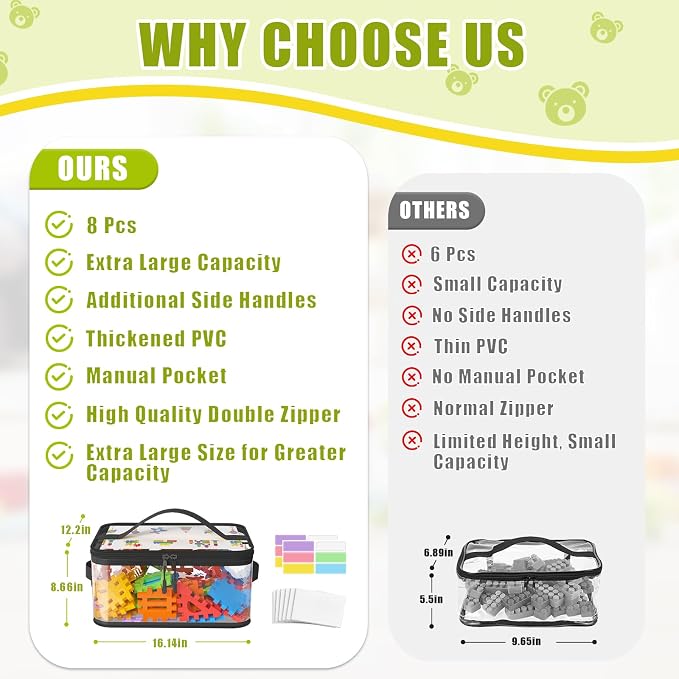 8 Pcs Large Clear Toy Storage Bags with Labels, Handles, Zippers XXL | Large Capacity, Transparent PVC, Waterproof Dustproof, Space-saving, Portability for Building Blocks, Puzzle, Dolls, Travel - Image 2