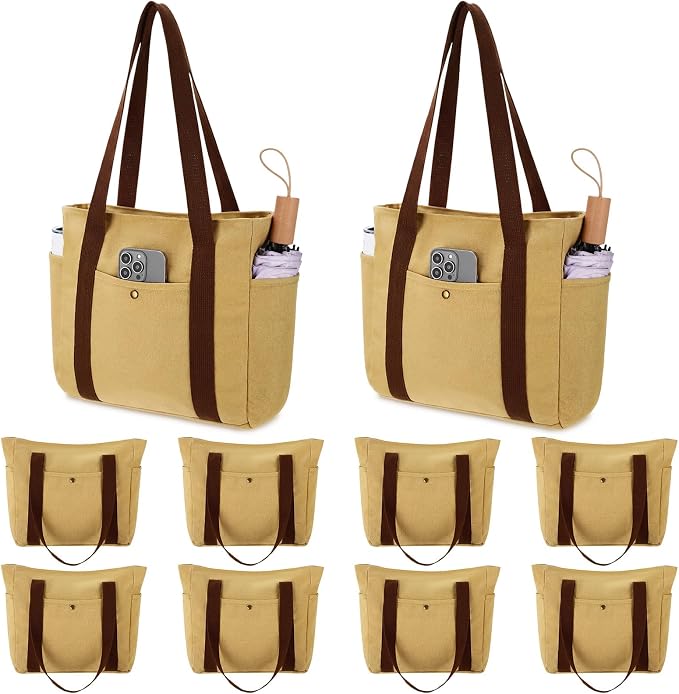 Sadnyy Khaki 10 Pcs Canvas Tote Bags for Women Reusable Shoulder Tote Bags with Zipper Shopping Grocery Handbag for Work Travel by Sadnyy