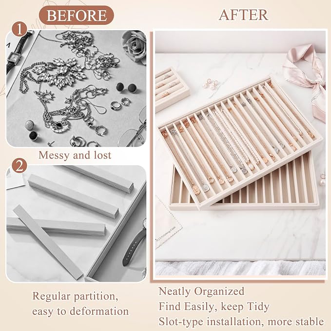 Cinnvoice 4 Pcs Large Stackable Necklace Organizer Tray 17 Grids Velvet Necklace Display Tray Stackable Jewelry Organizer Trays for Drawer Display for Selling Necklaces Bracelet Bangle Showcase - Image 4