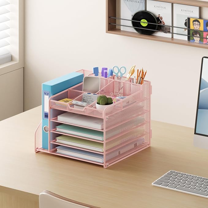 Lavatino Desk Organizer, 5-Tier Metal Mesh Paper Letter Tray with File Holder & 7 Flexible Dividers for Office or Home Desk Organizers and Accessories, Keep Workspace Supplies Neat & Organized, Pink - Image 4