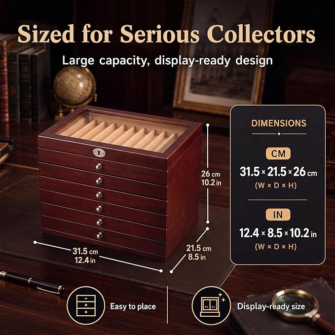 Silipull 78-Slot Fountain Pen Display Case, Key Lock, Cherry Finish, 7-Tier | Key-lock Top, Helps Limit Casual Access to Prized Pens, Glass Lid Displays Favorites, Six Drawers Organize 78 Pens. - Image 2