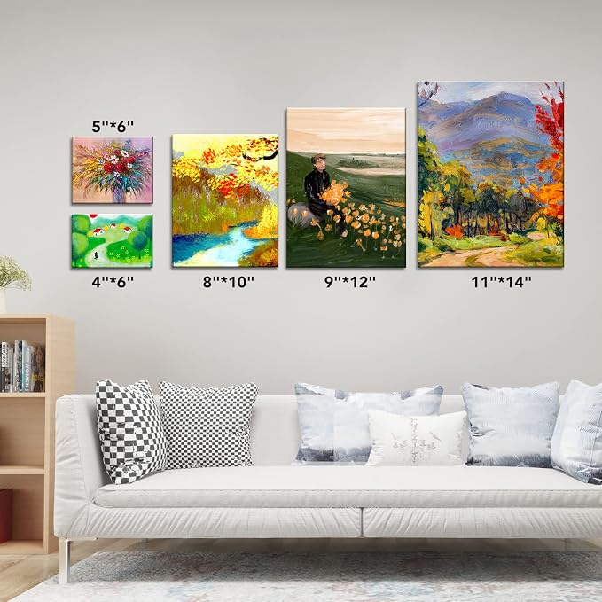 ESRICH 48 Pack Canvas Boards for Painting, 6Pcs of 4x4, 4x6, 5x6, 6x6, 8x10, 10x10, 9x12, 11x14 Canvas for Painting, Cotton Primed Blank Painting Canvas Panels for Oil, Acrylic, Watercolor - Image 5