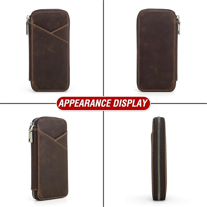 Top Grain Genuine Leather 4 Fountain Pen/Pencil Case Pouch, Handmade Minimalist Design, Zipper Closure with Multi-Function & Slots, Gift Choice for Man/Woman/Office, Matte Coffee, 4 Slots - Image 7