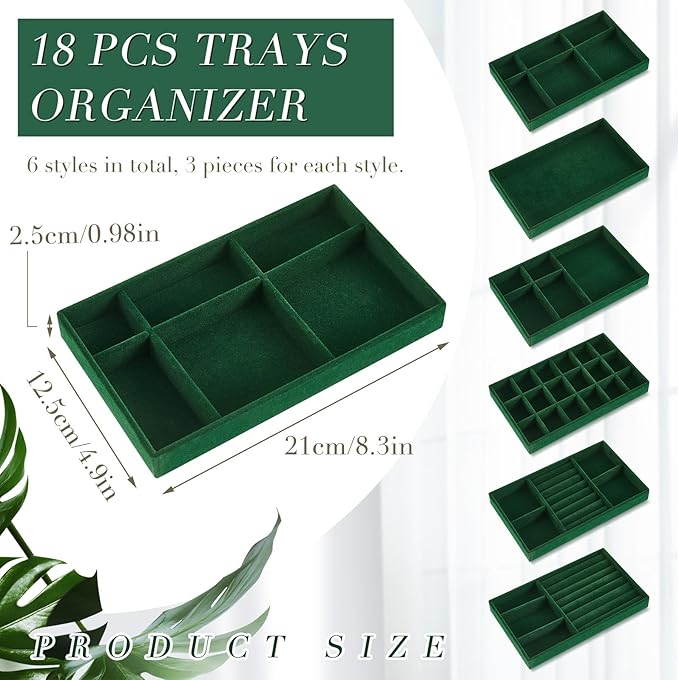 18 Pcs Jewelry Drawer Organizer Inserts, Stackable Jewelries Inserts for Dresser Drawers, Drawer Insert Organizers Velvet Jewelry Trays for Rings Earring Bangle Necklace(Dark Green) - Image 2