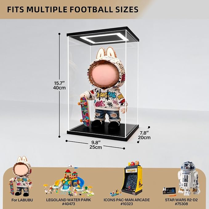 Clear Acrylic Display Case with RGB LED Light for labubu The Monsters ,Dustproof 15.7Inch Tall Showcase for LEGO 75308 R2-D2, 400% Bearbrick & Collectibles - 9.8 x 7.9 x 15.7Inches - Image 2