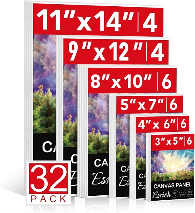 ESRICH Canvas Boards for Painting 32 Pack Art Supplies Paint Canvas 3x5, 4x6, 5x7, 8x10, 9x12, 11x14 Blank Large Canvases for Painting-Cotton Primed Canvas Panels for Acrylic, Oil, Gouache & Tempera. by ESRICH