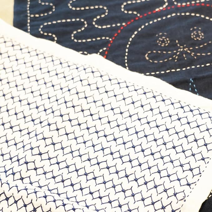 Sashiko kit, Daruma Sashiko Thread, Needles and Cotton Fabric with Grid Line Print, Marking Pencil, Thimblem and Traditional Design Sewing Set (Unbleached Thread/Navy Fabric) - Image 5