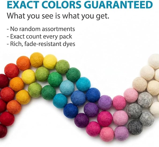 Glaciart One Felt Pom Poms, Wool Felt Balls (60 Pieces) 2 cm – 0.8 Inch, Handmade Felted 30 Color (Red, Pink, Blue, Yellow, Black, White, Pastel and More) Bulk Small Puff for Felting and Garland - Image 5