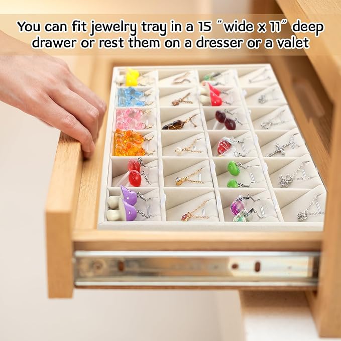 2 Pcs 24 Grid Stackable Jewelry Organizer Tray with Removable Dividers Ice Velvet Jewelry Display Showcase Tray for Necklace Earring Ring Bracelet Holder (Beige Velvet) - Image 4