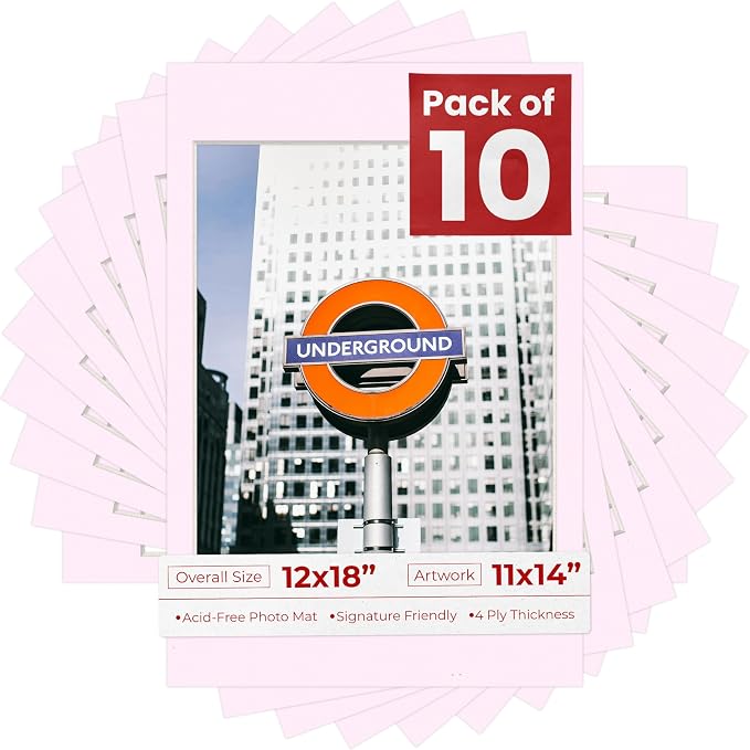 11x14 Mat for 12x18 Frame - Precut Mat Board Acid-Free Show Kit with Backing Board, and Clear Bags Soft Pink 11x14 Photo Matte Made to Fit a 12x18 Picture Frame Matboard for Framing, Pack of 10 Mats by PosterPalooza