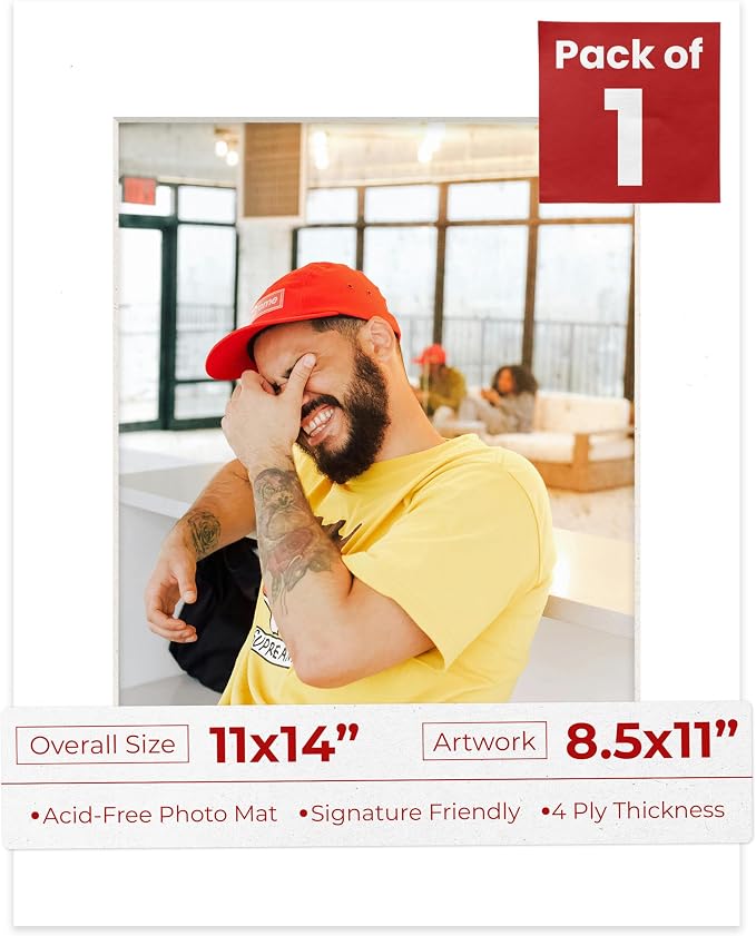 8.5x11 Mat for 11x14 Frame - Precut Mat Board Acid-Free Show Kit with Backing Board, and Clear Bags Textured White 8.5x11 Photo Matte For a 11x14 Picture Frame Matboard for Framing, Pack of 1 Mat by PosterPalooza