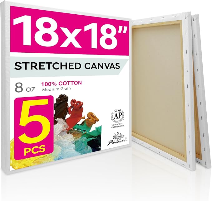 PHOENIX Large Stretched Canvas for Painting 18x18 Inch/5 Value Pack, 8 Oz Triple Primed 5/8 Inch Profile 100% Cotton White Blank Canvas, Square Framed Canvas for Oil Acrylic & Pouring Art by PHOENIX
