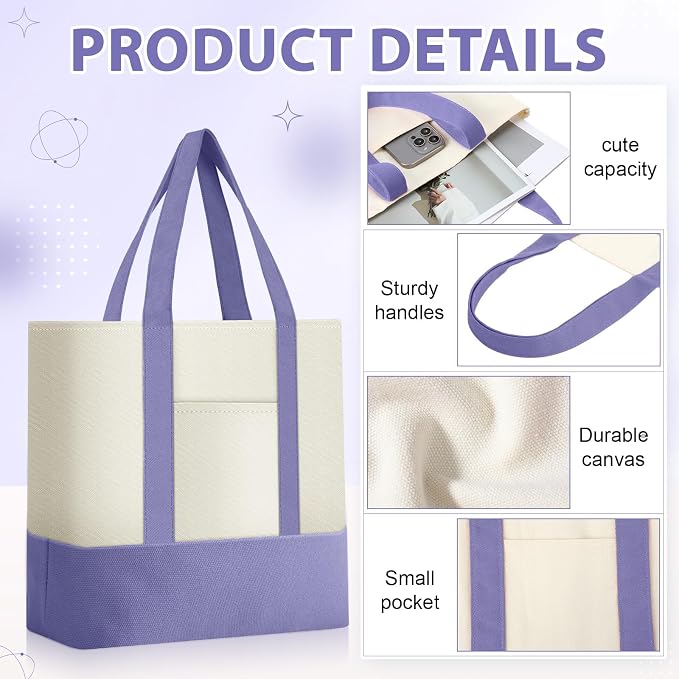 Sanwuta 12 Pcs Mini Canvas Tote Bags Bulk with Pocket Small Sublimation Blank Canvas Tote Reusable Grocery Bag for Women, DIY Craft (Light Purple) - Image 3
