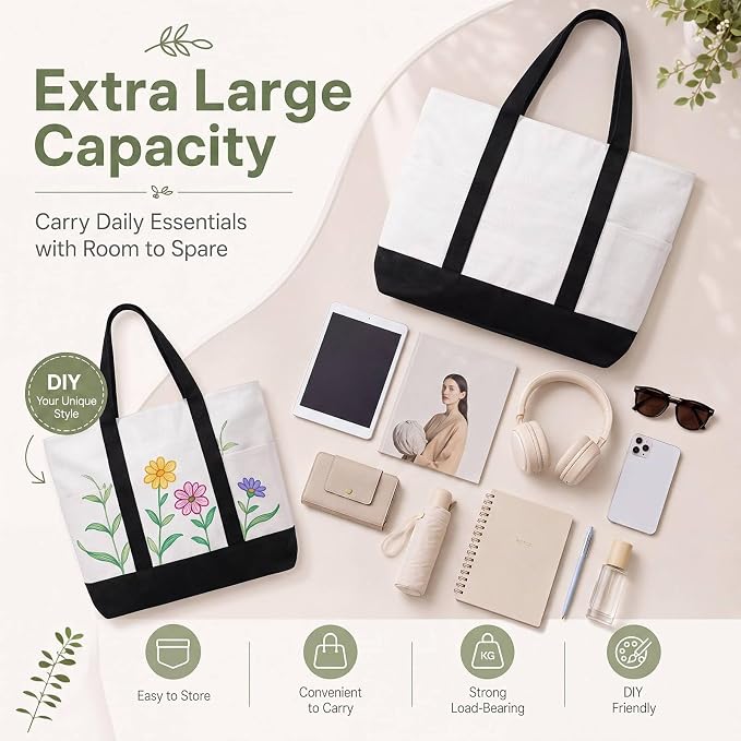 Capoda 16 x 14 Canvas Tote Bags with 2 Pocket, Bulk Zipper Totes Reusable Blank Sublimation Bags for Shopping Grocery DIY - Image 4
