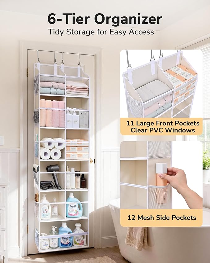 ULG Over the Door Organizer, 6-Tier Hanging Storage with Clear Windows, 19 Pockets for Closet,Bathroom & Nursery Door Organizer - Image 3