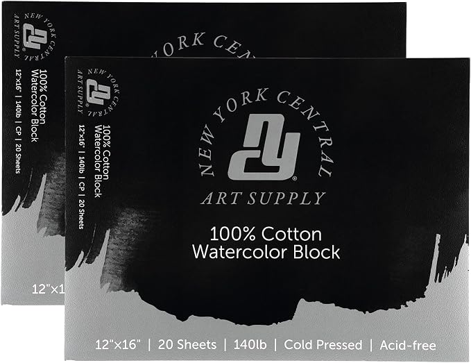 New York Central 100% Cotton Watercolor Paper Blocks 2 Pack 140lb/300gsm 12x16 - Cold Press Acid-Free Premium Watercolor Paper for Artists, Painting, Water Media, Professionals, & More by NewYorkCentral