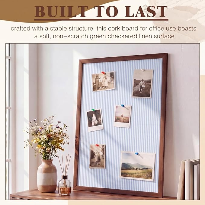 Leinuosen 17" x 23" Linen Cork Board for Walls Decorative Blue Striped Cork Boards Wood Framed Bulletin Boards, Picture Display Vision Pin Corkboards for Farmhouse Home Room Office Cottagecore Decor - Image 5