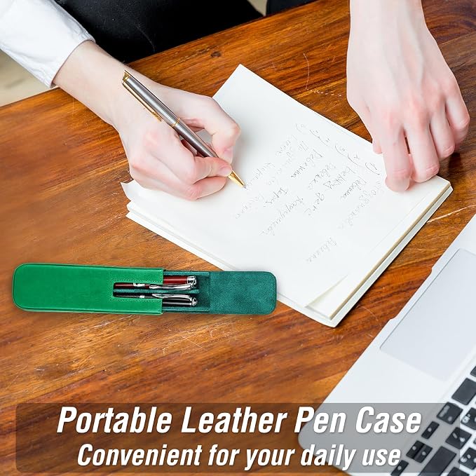 Top Grain Genuine Leather 2 Pen/Pencil Tray Case Holder, Minimalist Fashion Design, Handmade, Magnetic Closing with Drawer Design, Gift Choice for Man/Woman/Office, Glossy Green, 2 Slots - Image 7