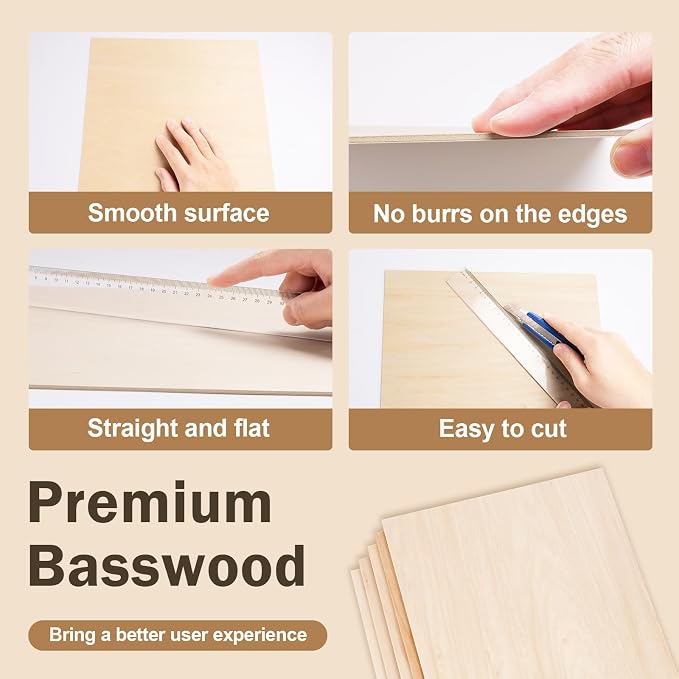 12 Pack Basswood Sheets for Crafts,18"x12"x1/8" 3mm Thick Plywood Sheets with Smooth Surfaces-Unfinished Squares Wood Boards for Laser Cutting, Wood Burning, Architectural Models, Staining - Image 3