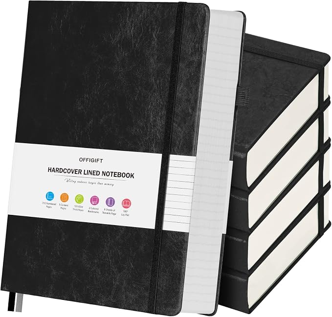 5 Pack College Ruled Notebook Bulk, A5, 312 Numbered Page Thick Journal Set | Cost-Effective 5 Pack 1600 Pages Total, 100gsm No Bleed Paper, Leather Hardcover, Lay-Flat, for Writing, Work, Employee Gifts by OFFIGIFT