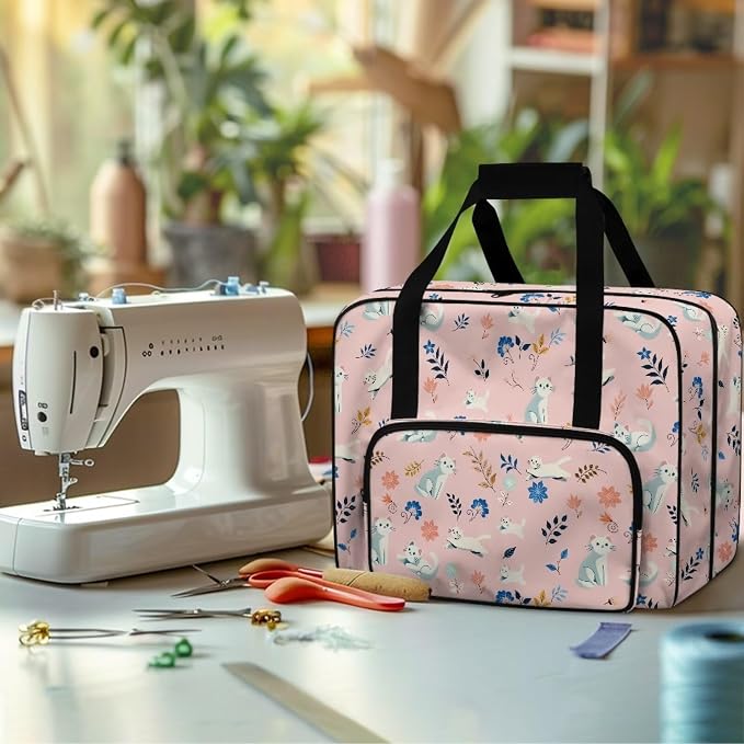Sewing Machine Dust Bag Portable Carrying Case Portable Carrying Case Versatile Travel Tote Bag Universal Large Capacity Sewing Machine Storage Case, White Cat Flower Leaf Pink - Image 4