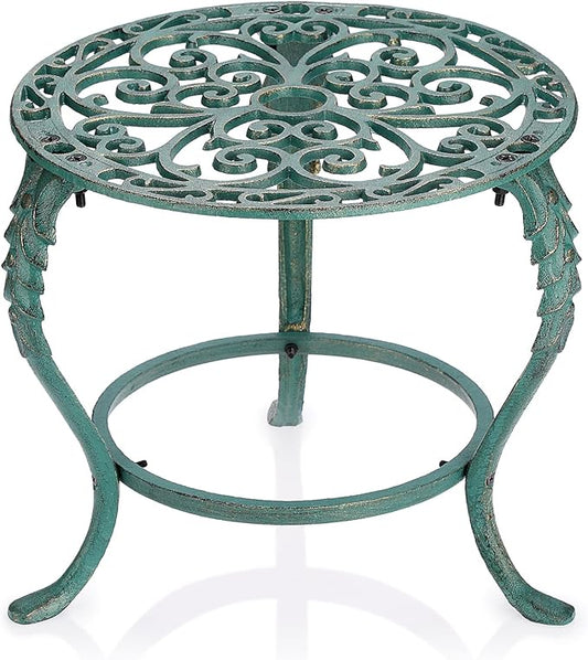 OwnMy Cast Iron Plant Stand Heavy Duty Vintage Wrought Iron Flower Pot Holder, Decorative Pedestal Potted Plant Rack, Indoor Metal Large Plant Stand for Outdoor Patio Garden Home, Antique Green