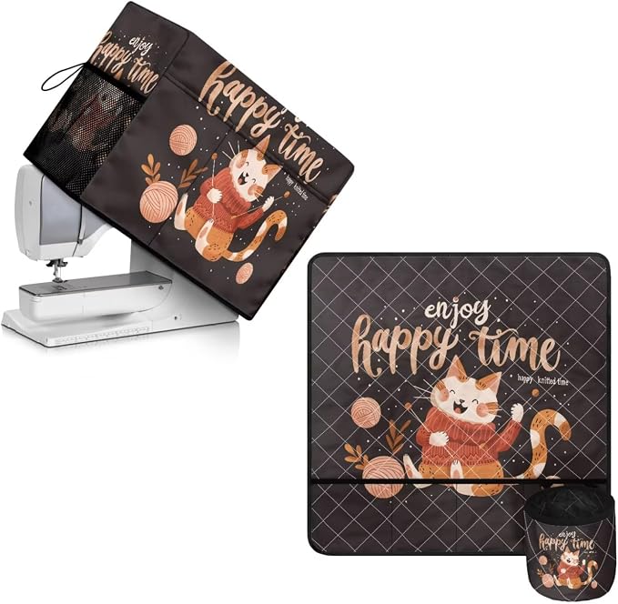 Sewing Machine Dust Covers & Mat with Pockets for Sewing Accessories Dust Proof Sewing Machine Cover Tailor's Cat Pattern by PJHEQOXE