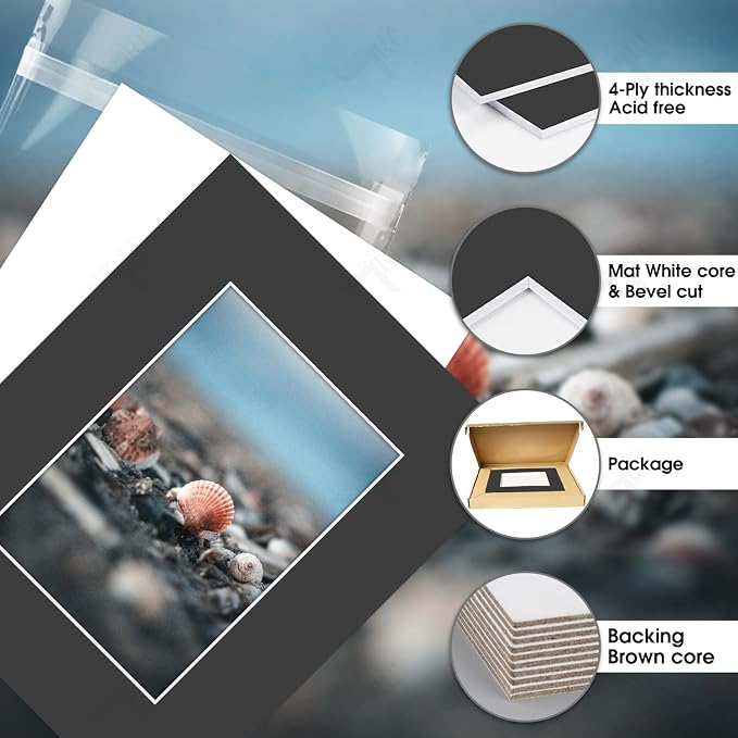 Golden State Art 5 Pack Black Mat 8x10 for 5x7 Photo Matte+Backings+Bags | Acid-Free,4-Ply Thick,Pre-Cut Kit Mattes,White Core,Bevel Cut,For Photos, Pictures,Artwork, Poster or Print Display - Image 3
