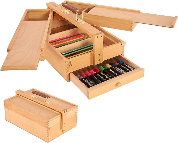 Multi-Function Artist Storage Box, Portable Solid Beech Wooden Tool Box with Drawer, Three Layers Art Supplies Storage Box for Paint Brush, Pen, Pastel, Paining Supplies, 13 1/2" x9 1/2"x5" by VISWIN