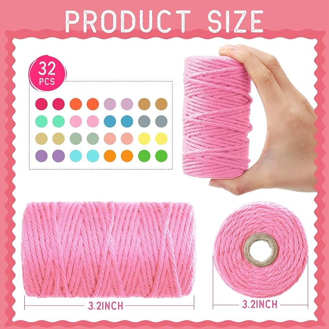 Kenning 32 Rolls Macrame Cord 4 Strand 3 MM x 1760 Yards Natural Cotton Rope Bulk Colored Cotton Craft Cord DIY Twine Colorful Macrame String for Knitting Gift Wrapping Wall Hanging (Light Color) - Image 2