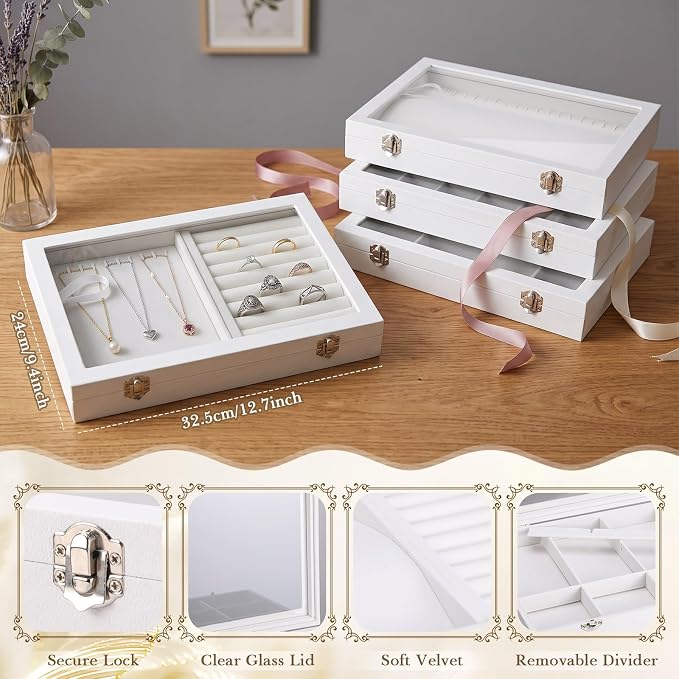 Leinuosen Jewelry Organizer Tray Set of 4 Stackable Wood Velvet,Beige | Large Jewelry Tray with Lid Glass, Velvet Lined, Dust-proof Necklaces Earrings Bracelet Ring Storage Display Drawer Box Case - Image 2