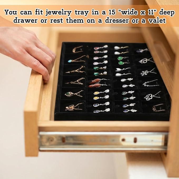 2 Pcs 24 Grid Stackable Jewelry Organizer Tray with Removable Dividers Ice Velvet Jewelry Display Showcase Tray for Necklace Earring Ring Bracelet Holder (Black Velvet) - Image 5